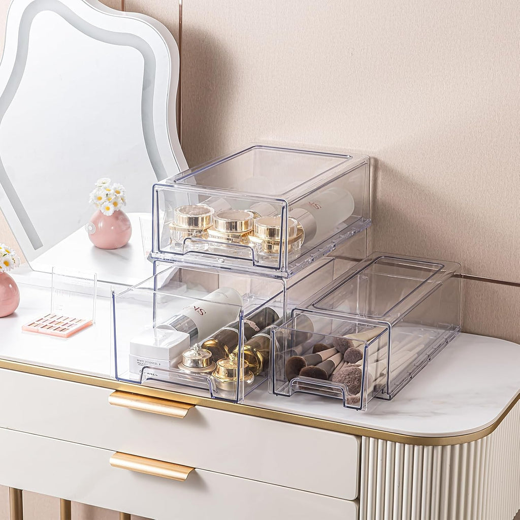 2 Pack Stackable Pull-Out Storage Drawers，Plastic Clear Organizer Bins with Handles，Easily Clean for Craft, and Toy Organization，Kitchen Undersink，Cabinet，Fridge，Closet，Pantry，Office，Bathroom