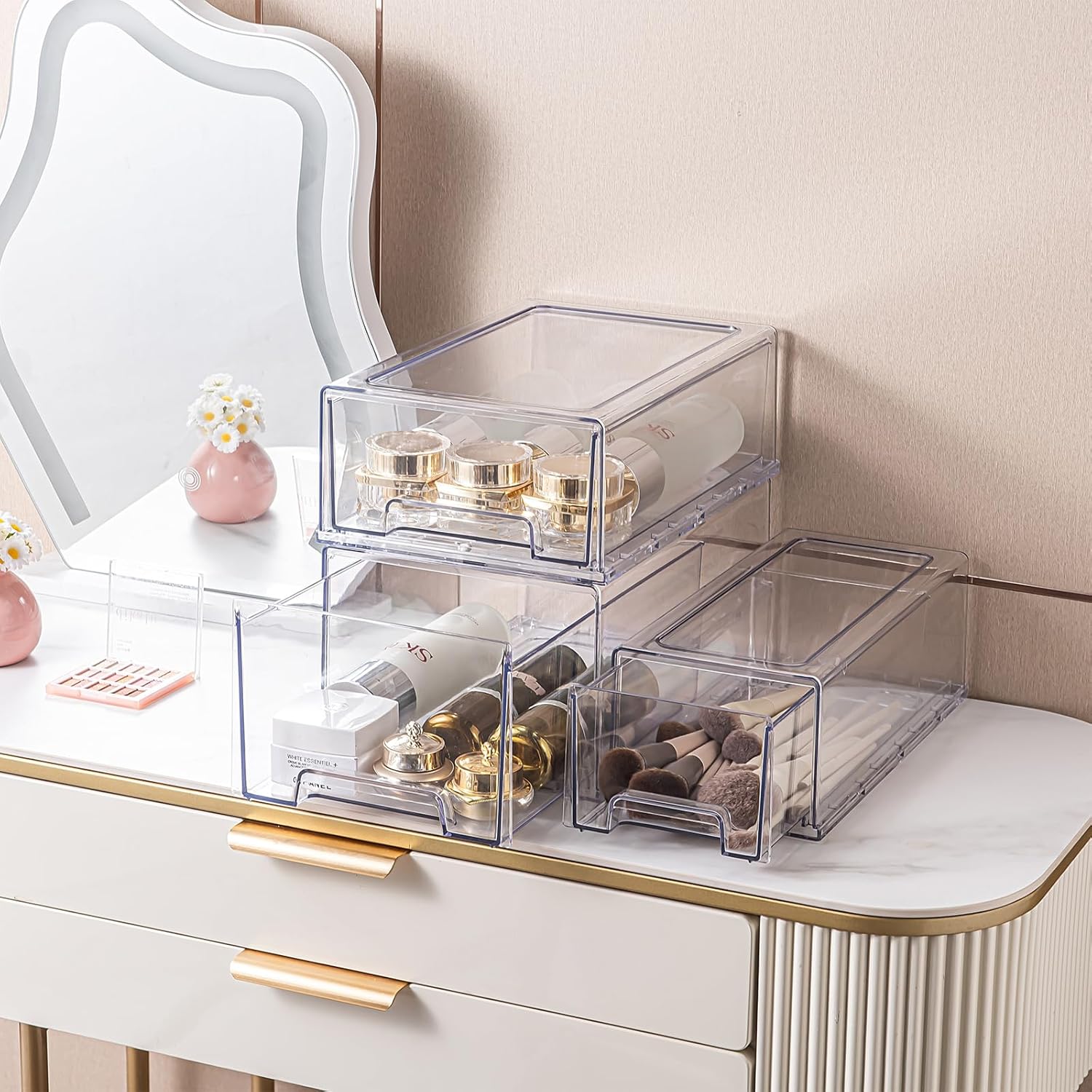 2 Pack Stackable Pull-Out Storage Drawers，Plastic Clear Organizer Bins with Handles，Easily Clean for Craft, and Toy Organization，Kitchen Undersink，Cabinet，Fridge，Closet，Pantry，Office，Bathroom