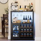 GarveeHome Wine Bar Cabinet with LED Lights, Liquor Cabinet with Storage | 3-Tier Coffee Bar Cabinet with Wine Rack, Glass Holder & Mesh Door, Sideboard Buffet Bar for Living Room, Dining Room, Black