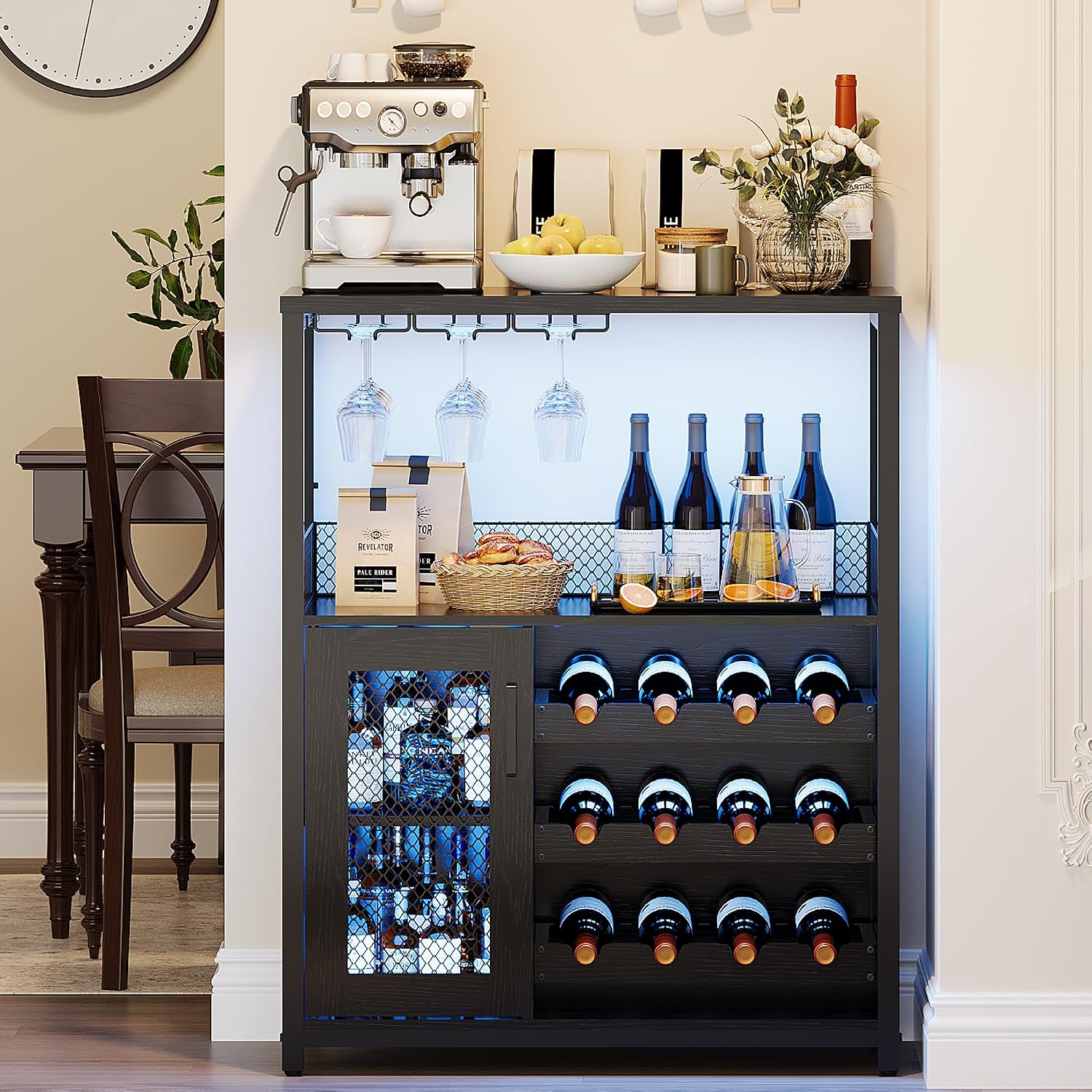 GarveeHome Wine Bar Cabinet with LED Lights, Liquor Cabinet with Storage | 3-Tier Coffee Bar Cabinet with Wine Rack, Glass Holder & Mesh Door, Sideboard Buffet Bar for Living Room, Dining Room, Black