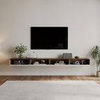 POVISON Fully-Assembled Minimalist Floating TV Stand, Modern Wall-Mounted Entertainment Center with 4 Flip-Down Cabinet Doors, Solid Wood Media Console, 110.24"