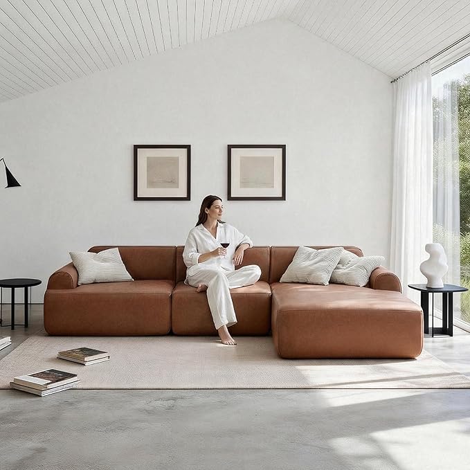 105” Modular Faux Leather Cloud Couch, Deep Seat L-Shaped Sectional with Removable Wipe-Clean Covers and Replaceable Cover Design for Living Room (Orange, 3 Seater+Right Facing Chaise)