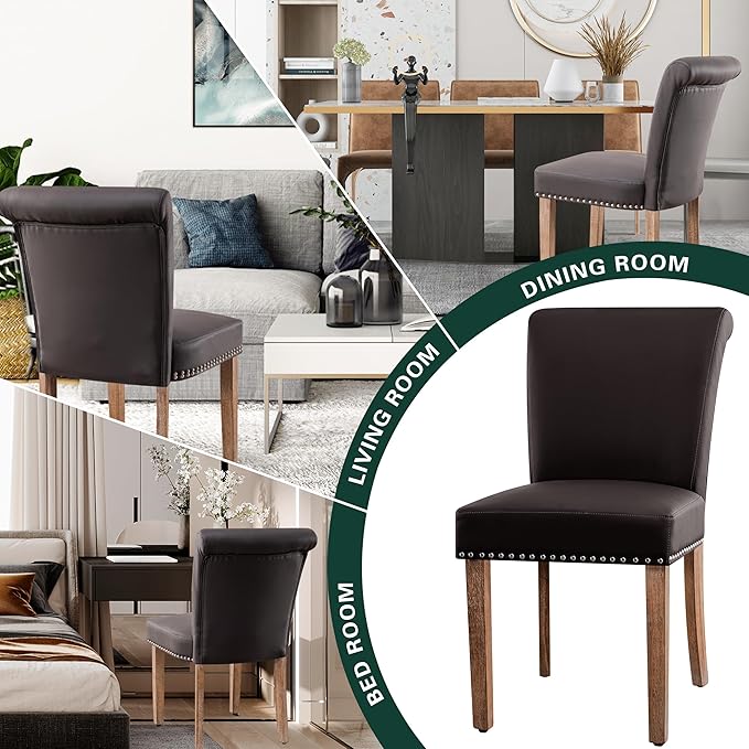 CHUN YI Dining Chairs Set of 8, Faux Leather Upholstered Dining Room Chairs with Nailhead Trim and Wood Legs, Mid Century Modern Parsons Side Chairs for Kitchen, Brown