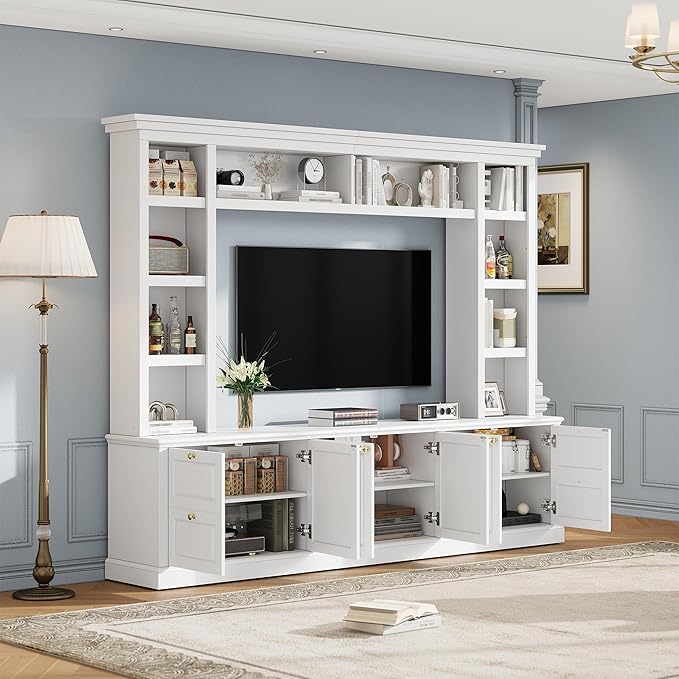 Marzzi Wall Unit TV Stand TVs up to 70", Modern Entertainment Center with 6 Doors Storage Cabinets, Bridge and Bookshelves, Large Media Console, Adjustable Shelves, Painted Finish