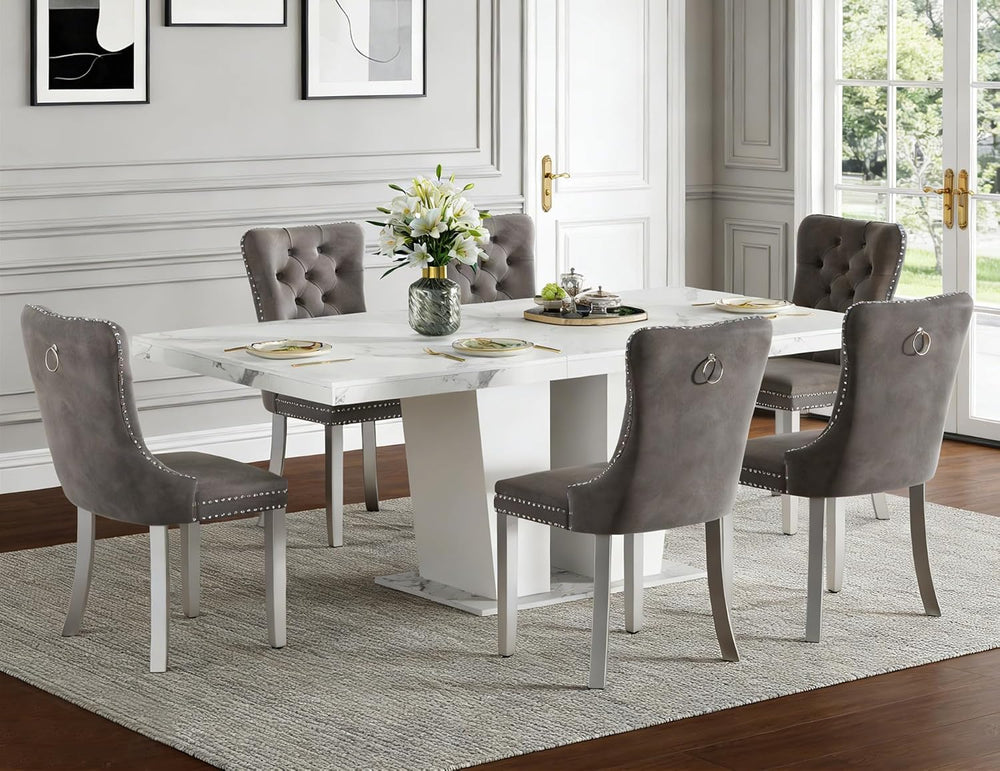Henf 7 Pieces Faux Marble Dining Table Set for 6, 63"-79" Extendabl...