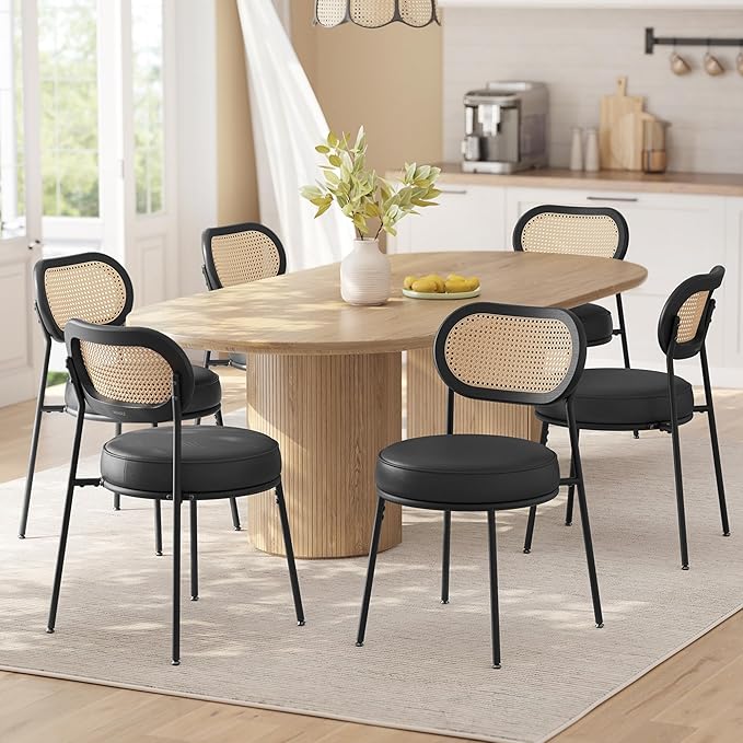 VASAGLE Dining Chairs, Set of 6 Accent Chair for Dining Room Kitchen, with Boho PE Rattan Back, Synthetic Leather Upholstery, Ink Black ULDC160B26