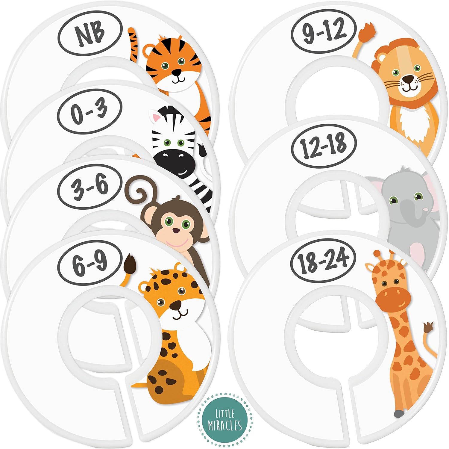 Baby Closet Size Dividers for Baby Clothes - 7X Dividers, Safari [White] | Elephant Giraffe Zebra Lion Monkey Cheetah, Nursery Closet Dividers for Baby Clothes, Nursery Decor, For Boy or Girl