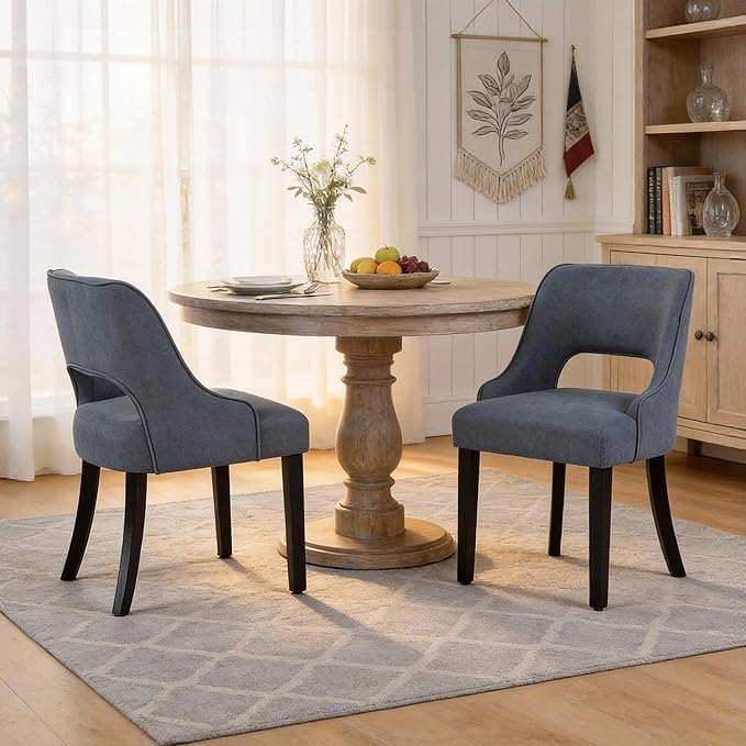 ClinQ Wooden Dining Chairs Set of 6, Modern Fabric Upholstered Kitchen Chairs Dining Chair, Mid Century Modern Chair for Dining Room, Farmhouse Kitchen Chairs for Kitchen Dining Room, Navy-Black Legs