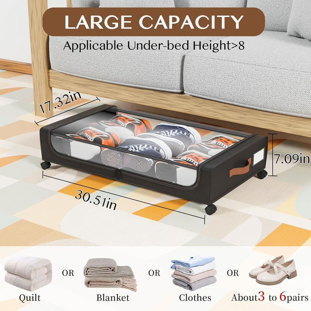 Under Bed Storage with Wheels, UnderBed Storage Containers with Clear Lid and Handles, Under the Bed Storage Bins Drawers for Clothes,Blankets,Shoes,Books (BLACK, 4 PACK)