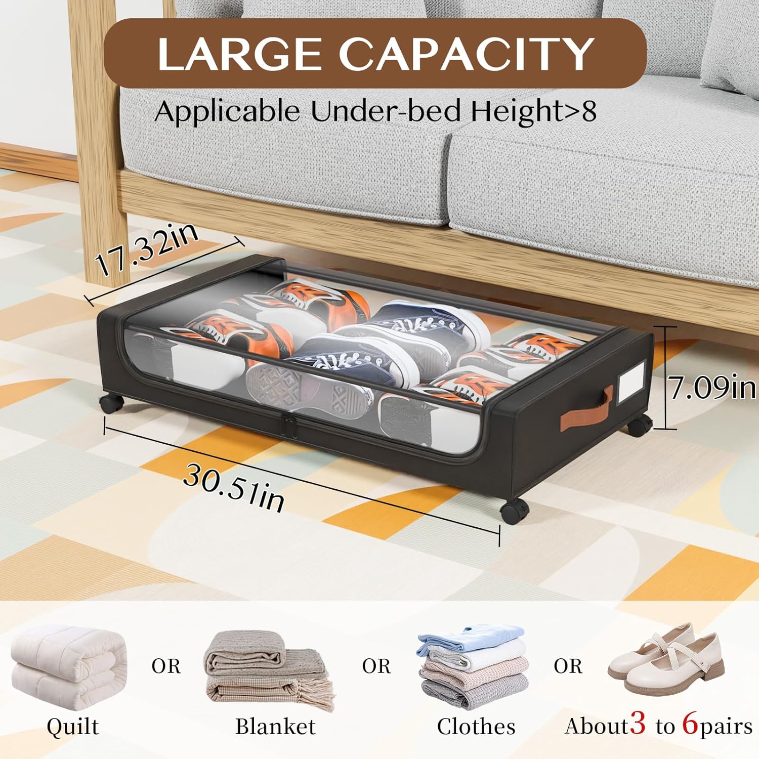 Under Bed Storage with Wheels, UnderBed Storage Containers with Clear Lid and Handles, Under the Bed Storage Bins Drawers for Clothes,Blankets,Shoes,Books (BLACK, 4 PACK)