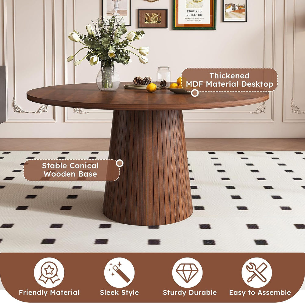Round Dining Room Table, Farmhouse Kitchen Table with Wood Strip Base, 47.2“ ...