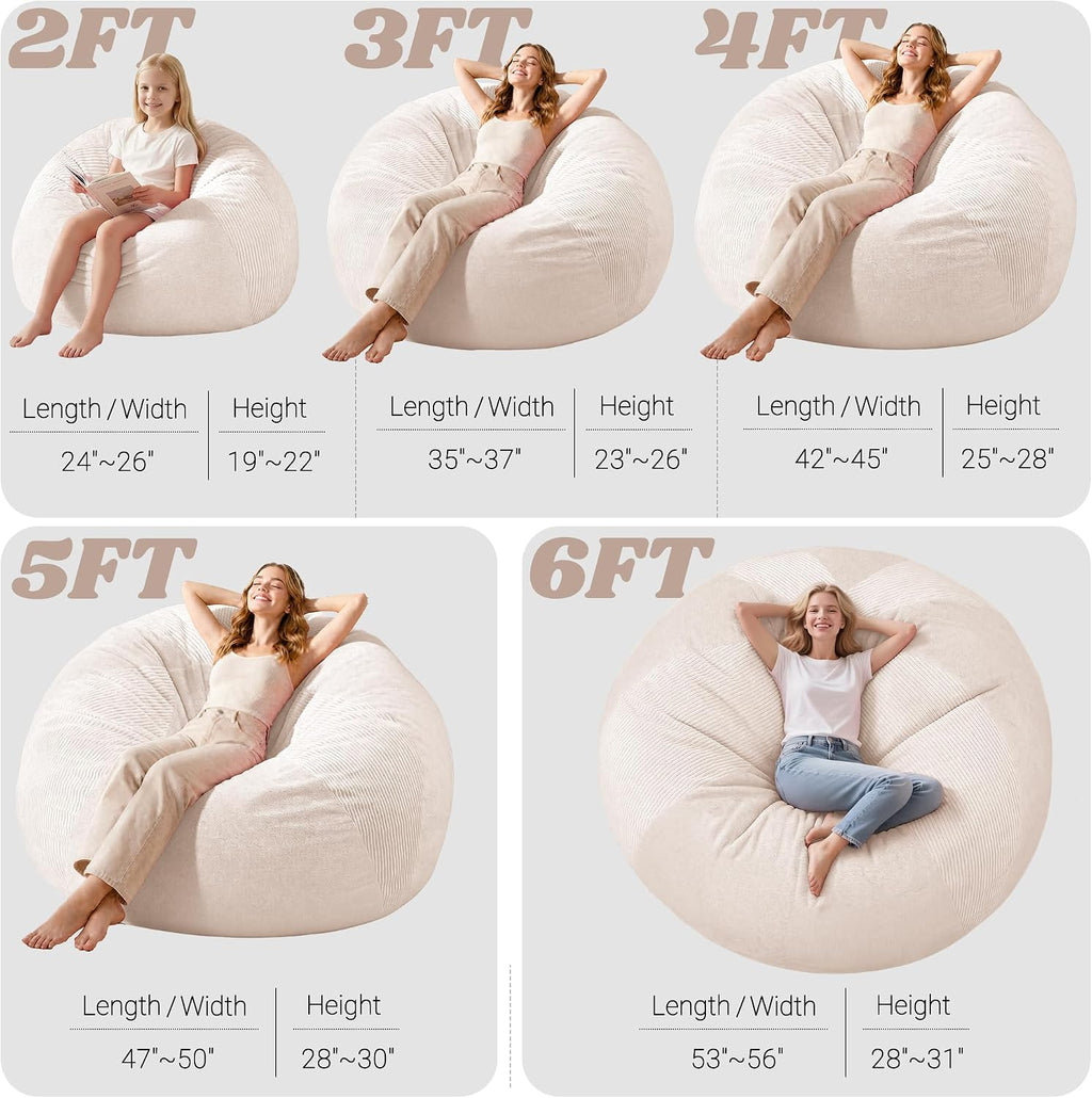 Homguava 4FT Bean Bag Chairs for Adults Teardrop BeanBag Chair Comfy Memory Foam Bean Bags Two-Tone Distressed Velvet&Corduroy Washable Cover for Living Room, Home (Corduroy, White)