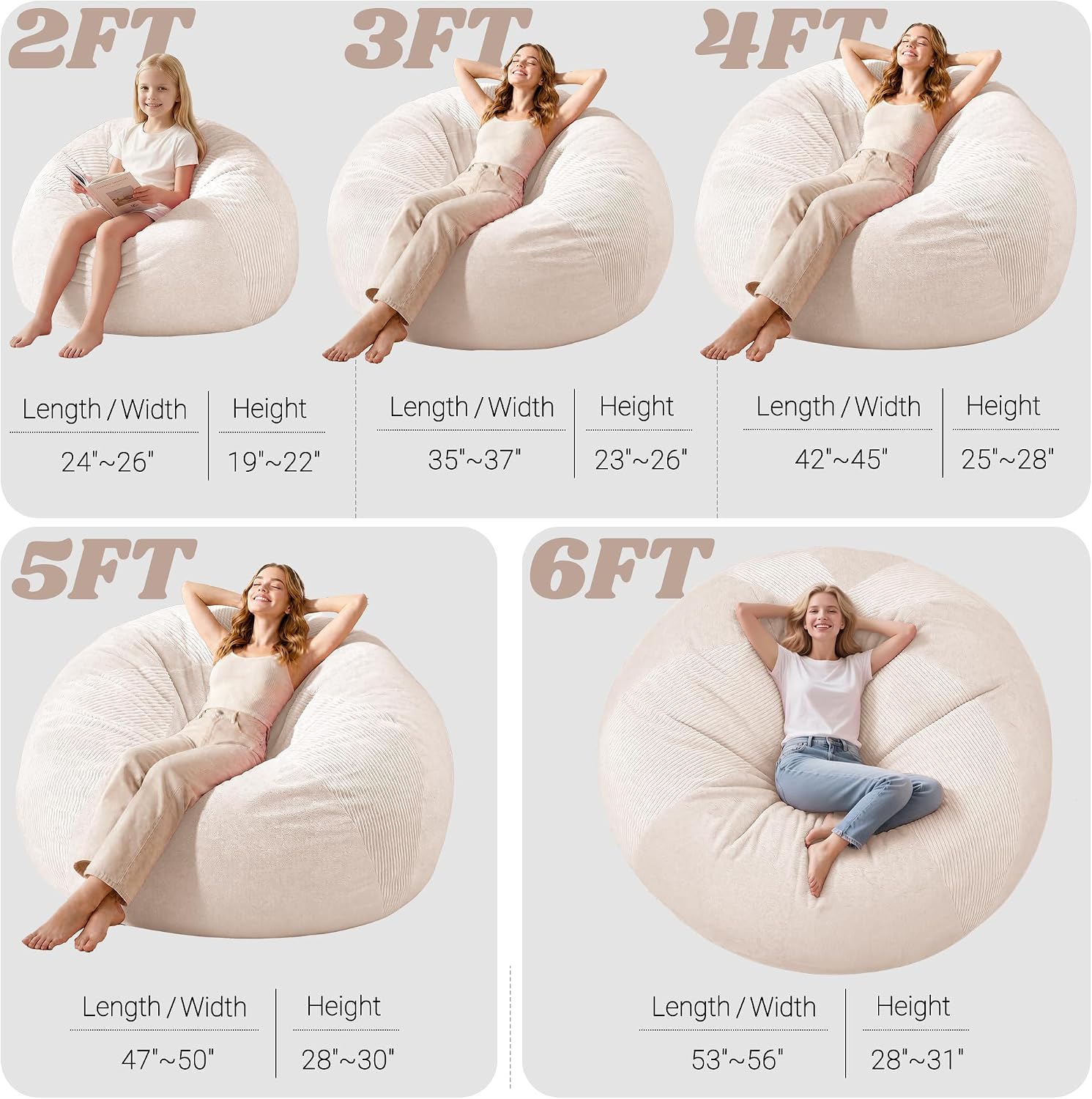 Homguava 4FT Bean Bag Chairs for Adults Teardrop BeanBag Chair Comfy Memory Foam Bean Bags Two-Tone Distressed Velvet&Corduroy Washable Cover for Living Room, Home (Corduroy, White)