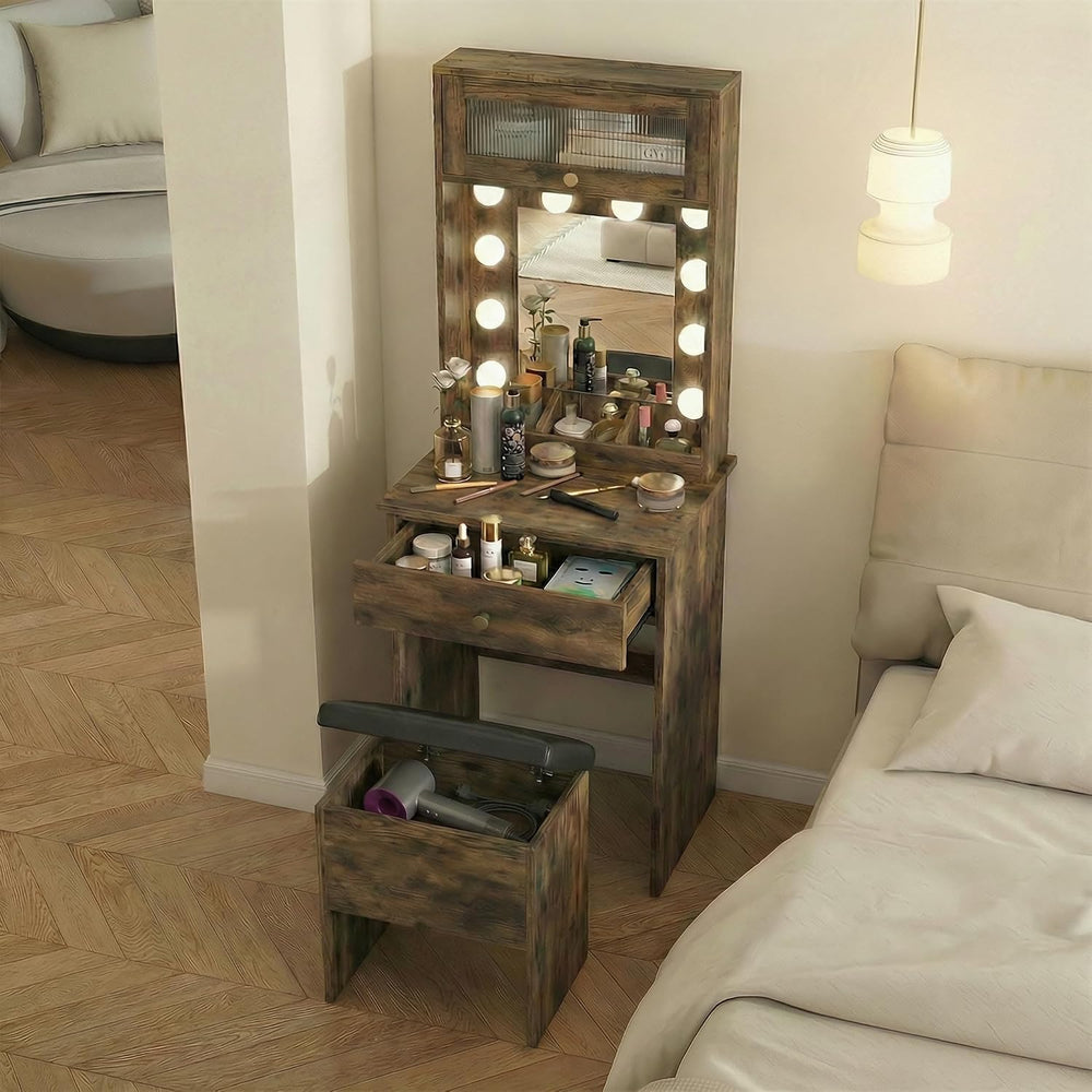 ARTETHYS Small Vanity with Mirror & RGB Light Rustic Makeup Set for Bedro...
