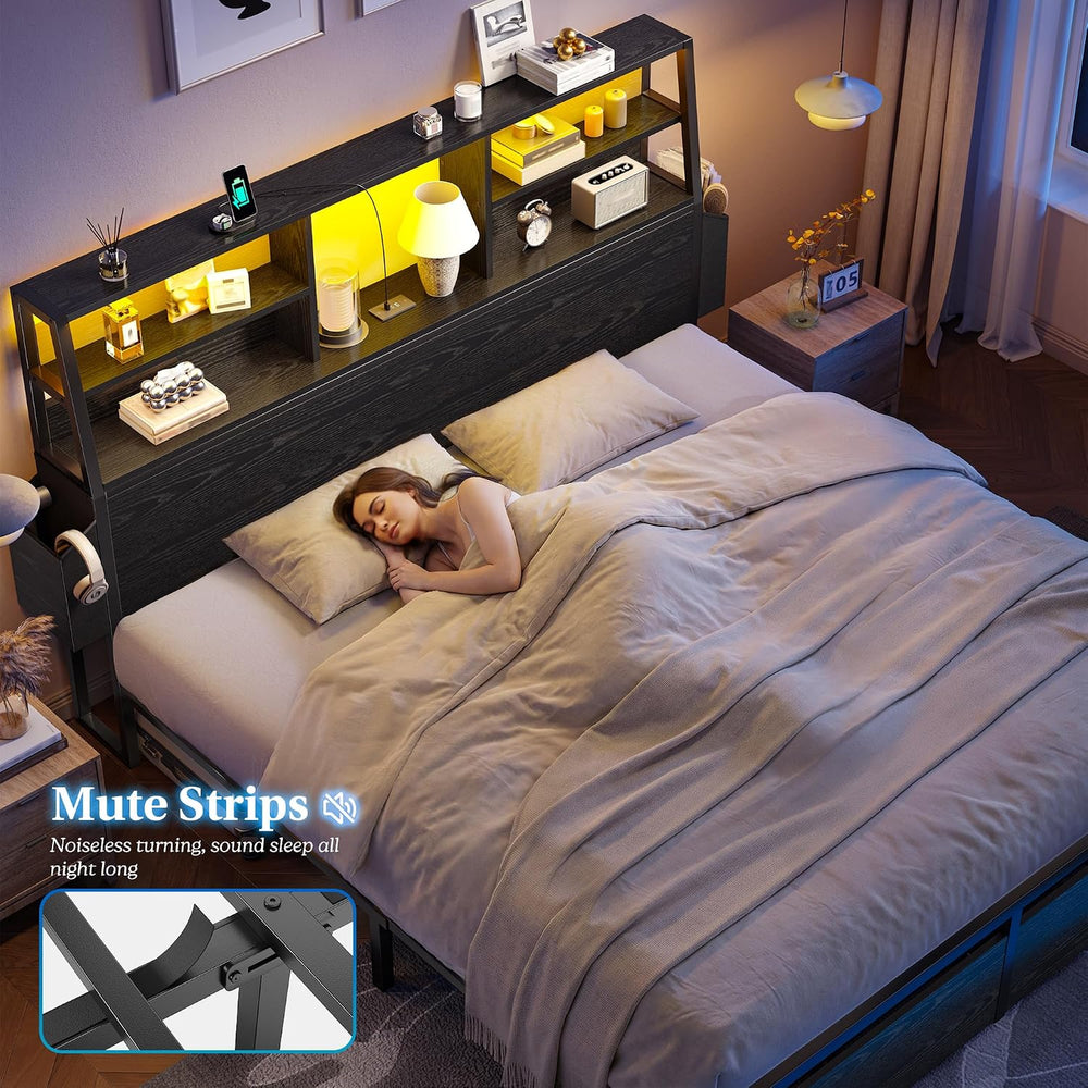 Homkdom Queen Bed Frame with 3-Tier Storage Headboard and 2 Drawers