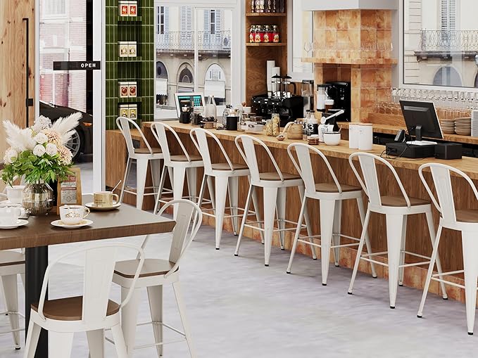 Andeworld Metal Bar Stools Set of 4, 24 inch Counter Height Barstools with Backs Farmhouse Modern High Back Bar Stools with Larger Seat Kitchen Dining Bar Chairs,Off White