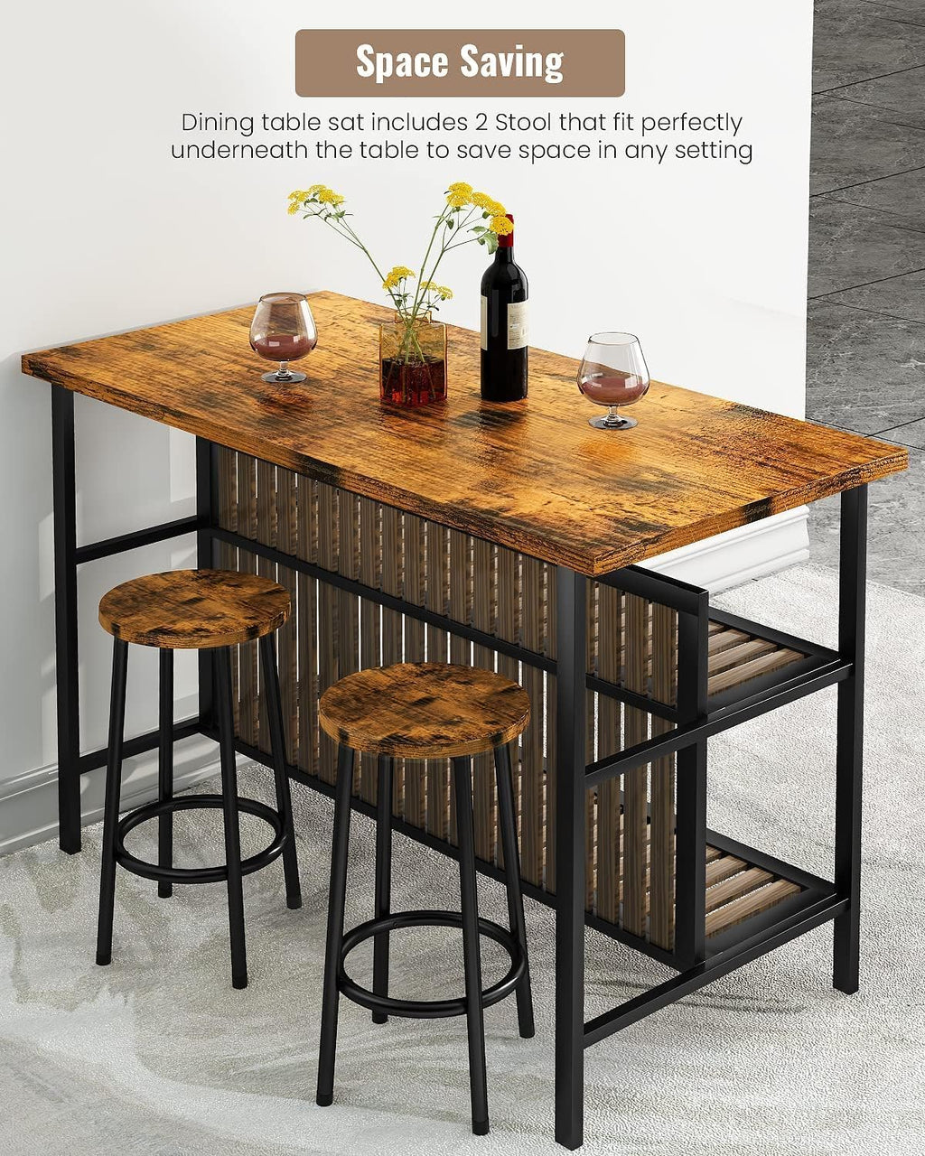 AWQM Kitchen Island with Seating & Storage Shelf, Modern Bar Table and Chairs Set for 2, Wooden Island Table for Kitchen, Dining Table Set for Small Space, Walnut Color