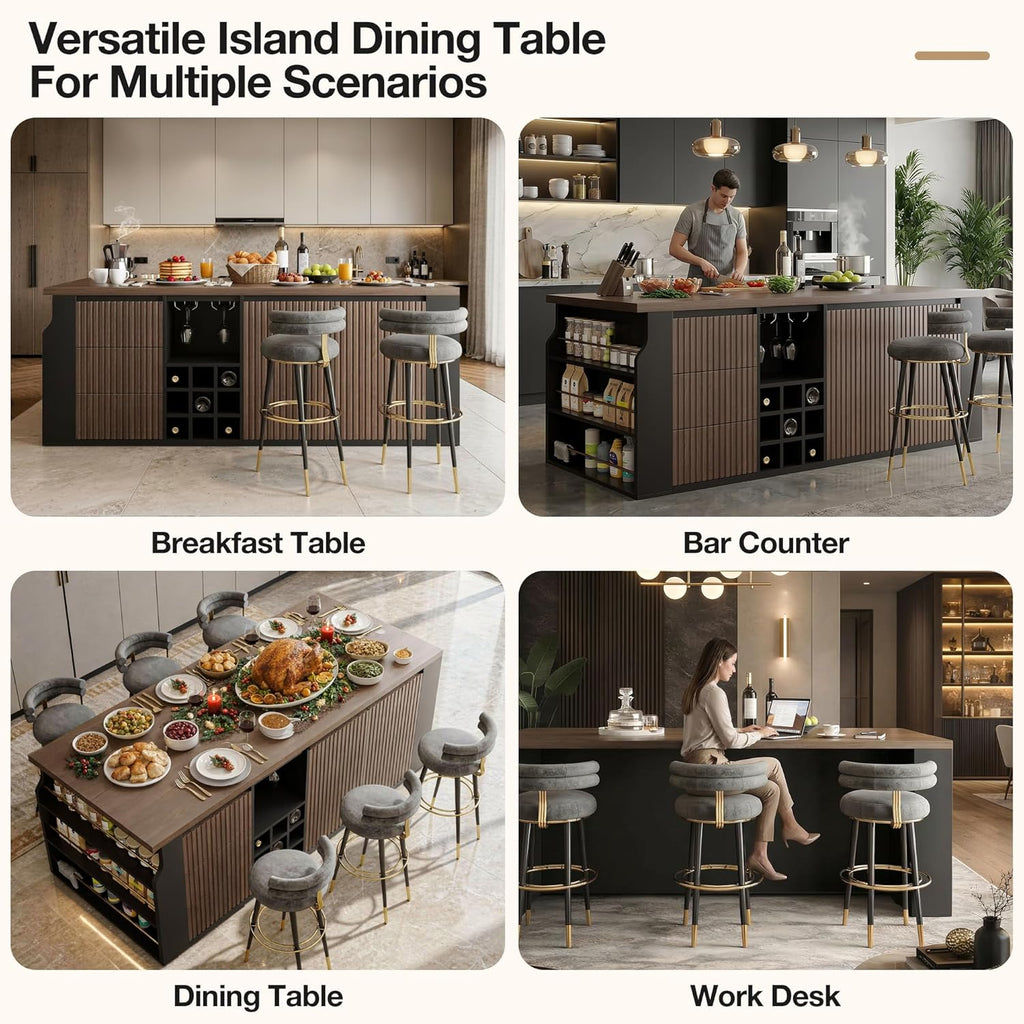 70.8 Inch Modern Multifunctional Kitchen Island Tabletop Home Bar with 3 Drawers, Wine Rack, Glass Cup Holder Adjustable Dividers for Kitchen Dining Room Family Party