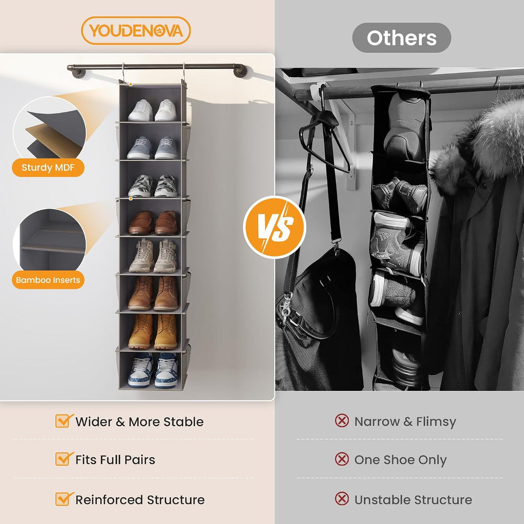 YOUDENOVA Upgraded Hanging Shoe Organizer for Closet, 8-Shelf, Grey | Extra Wide Design, 8 Side Pockets, Hanging Shoe Rack Hanger, Dorm Storage, Perfect for Storing Shoes, Hats, Clothes, Jeans