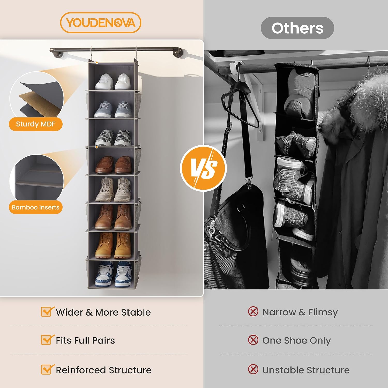 YOUDENOVA Upgraded Hanging Shoe Organizer for Closet, 8-Shelf, Grey | Extra Wide Design, 8 Side Pockets, Hanging Shoe Rack Hanger, Dorm Storage, Perfect for Storing Shoes, Hats, Clothes, Jeans