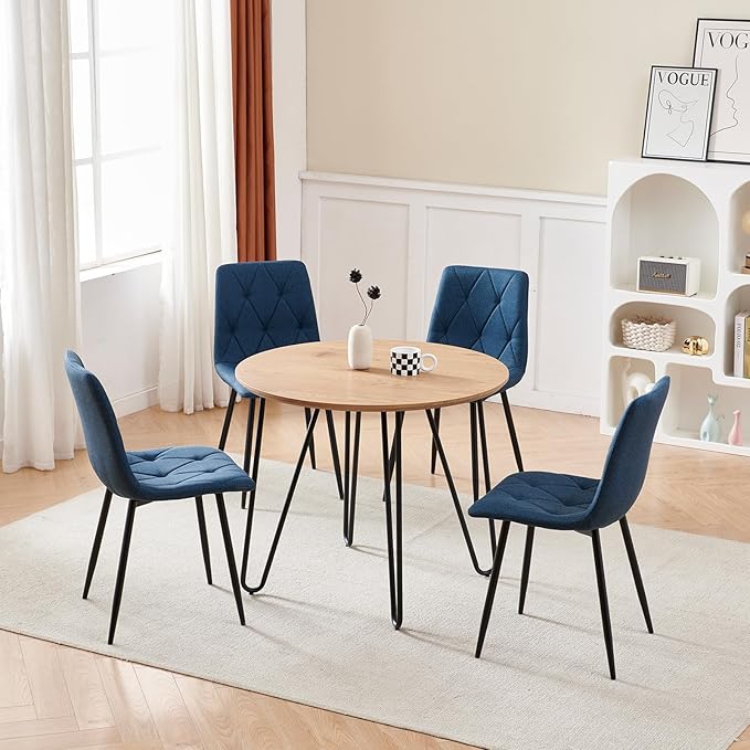 Btrpily 4 Set of Dining Chairs, Metal Frame Dining Chair for Kitchen Room,Technology Cloth Seat Chair for Living Room, Bedroom(Blue)