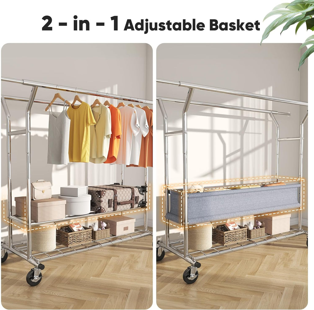 HOKEEPER Clothing Rack Heavy Duty Clothes Rack for Hanging Clothes Load 625LBS Extendable Double Rod Clothes Rack, Adjustable Rolling Garment Rack with Wheels, Basket & Shelves 71.2''W*23.6''D*68.5''H