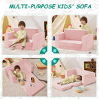 Kids Couch, 2-in-1 Toddler Chair Comfy 1-3 Years, Convertible Kids Chair, Toddler Couch that Fold Out, Kid Lounge Chairs for Boys and Girls Gifts, Kids Recliner, Double, Pink