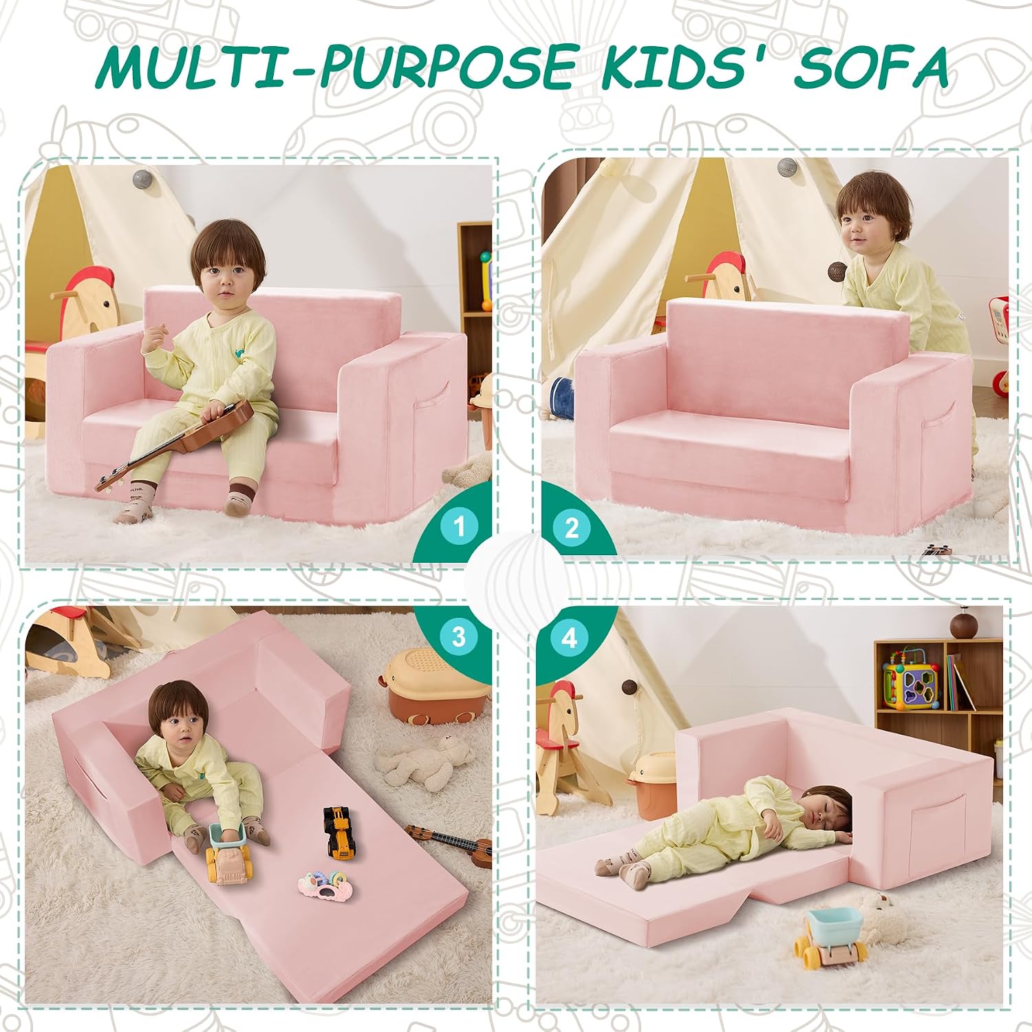 Kids Couch, 2-in-1 Toddler Chair Comfy 1-3 Years, Convertible Kids Chair, Toddler Couch that Fold Out, Kid Lounge Chairs for Boys and Girls Gifts, Kids Recliner, Double, Pink