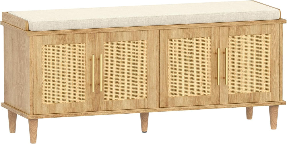 Akxomel 47.2" Rattan Shoe Storage Bench 4 Doors Wooden Entryway Bench Oa...