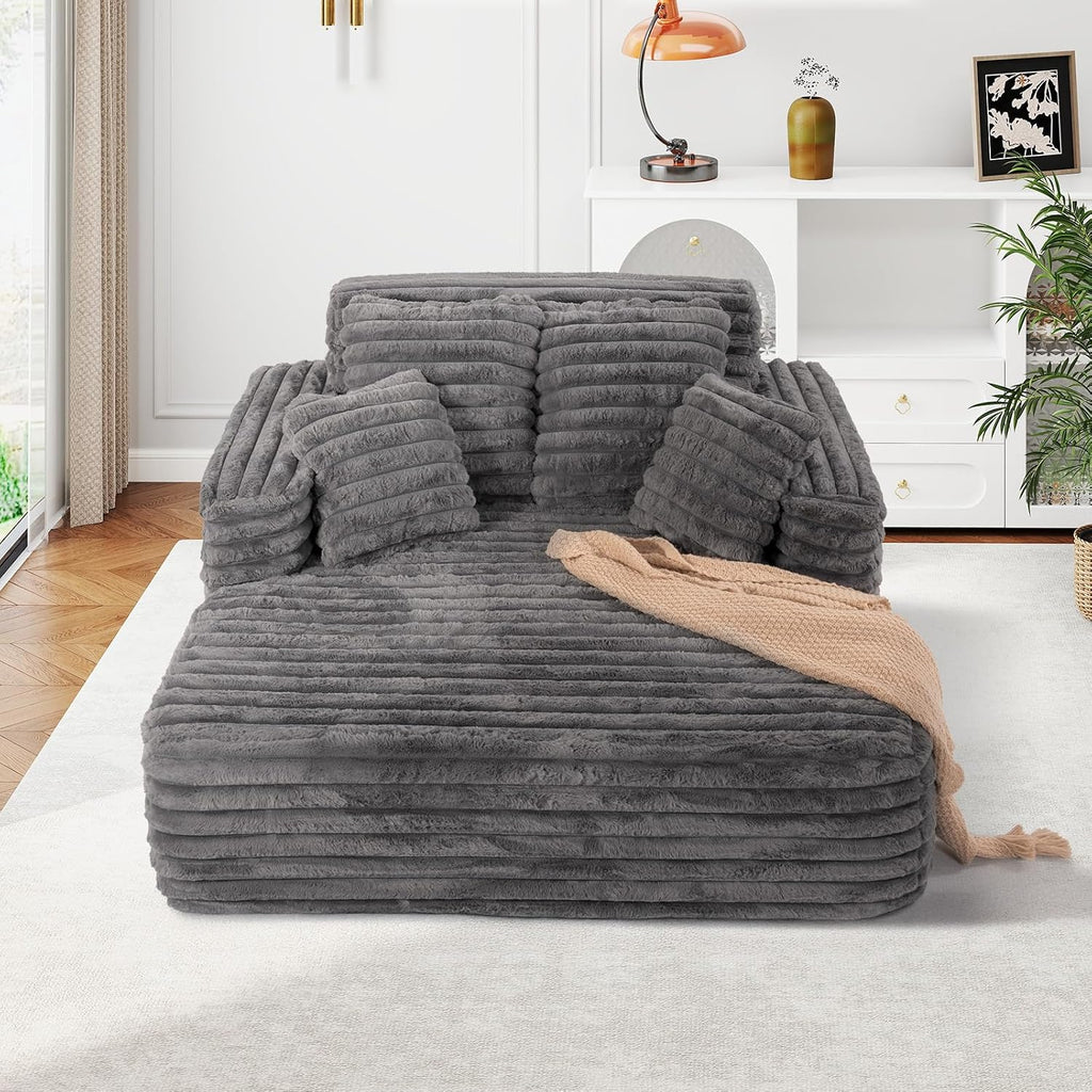 JEEOHEY 56" Oversized Chaise Lounge Chair Indoor,Plush Faux Fur Sleeper Sofa Couch Bed with Pillows&Wide Armrests,Fluffy Comfy Cloud Couch,Compression Foam Couch for Living Room,Bedroom(Grey)