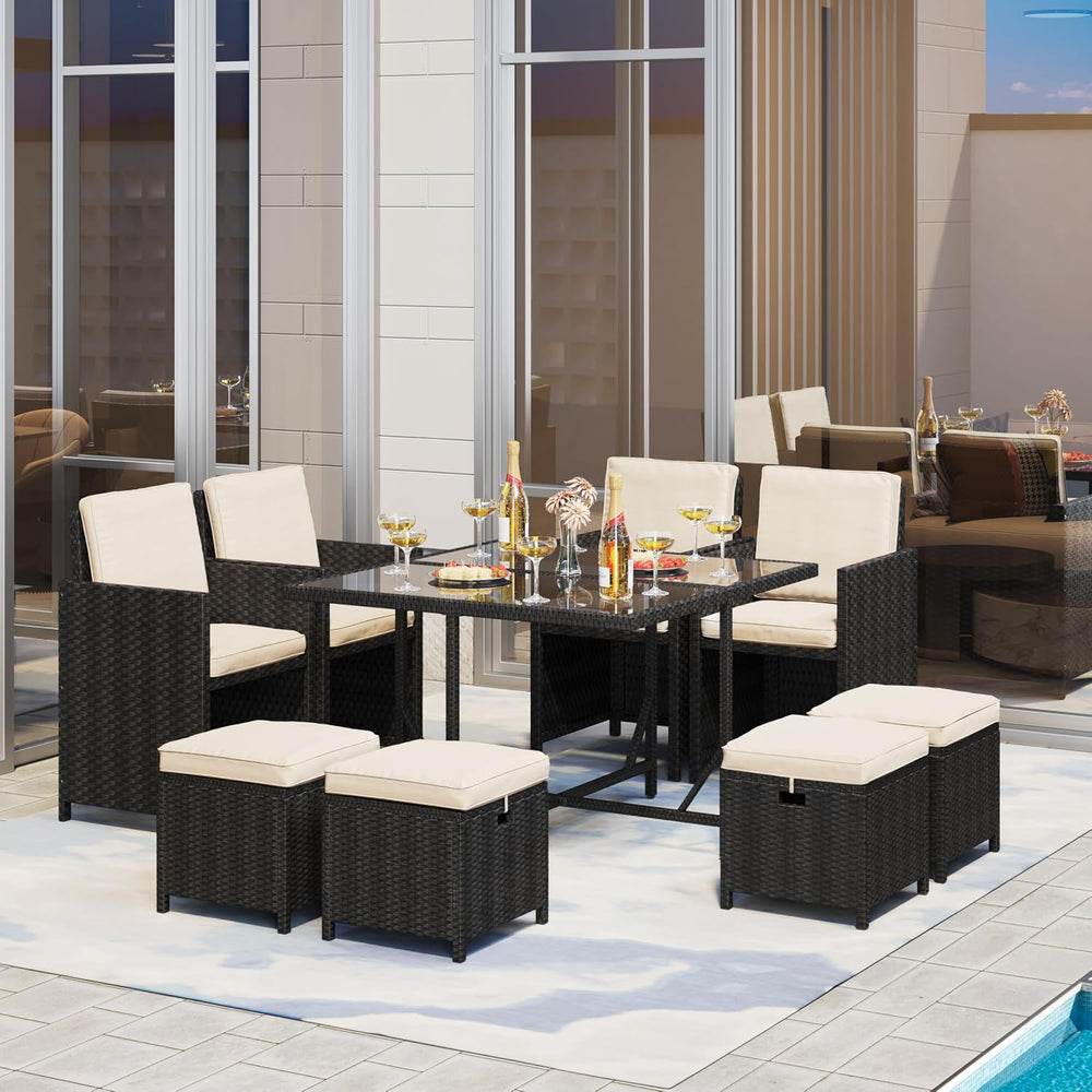 Yaheetech 9-Piece Patio Dining Sets, Outdoor Space Saving Rattan Chairs with ...