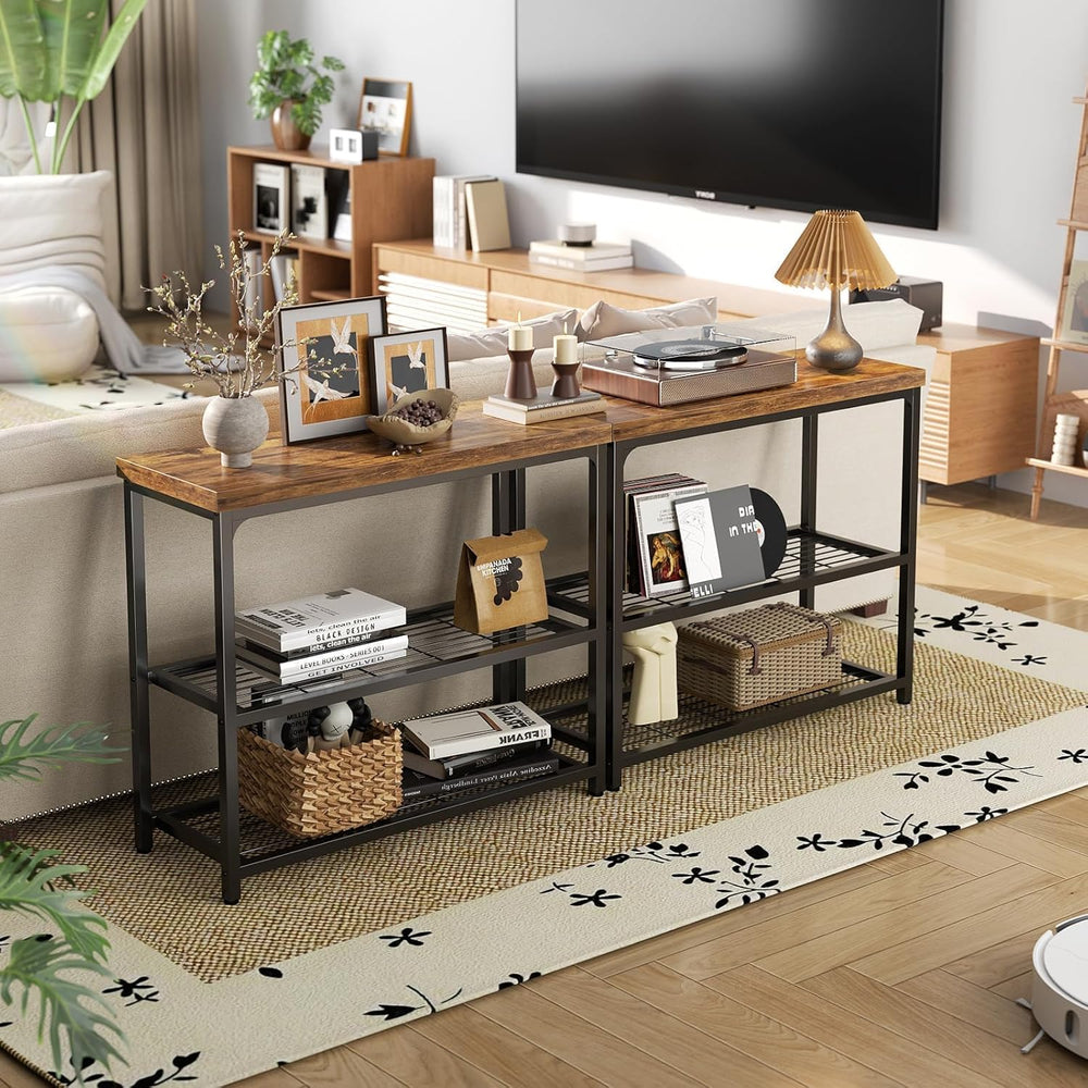 Besiost 32" Industrial Console Table with 3-Tier Storage, Oak Grey | Sma...