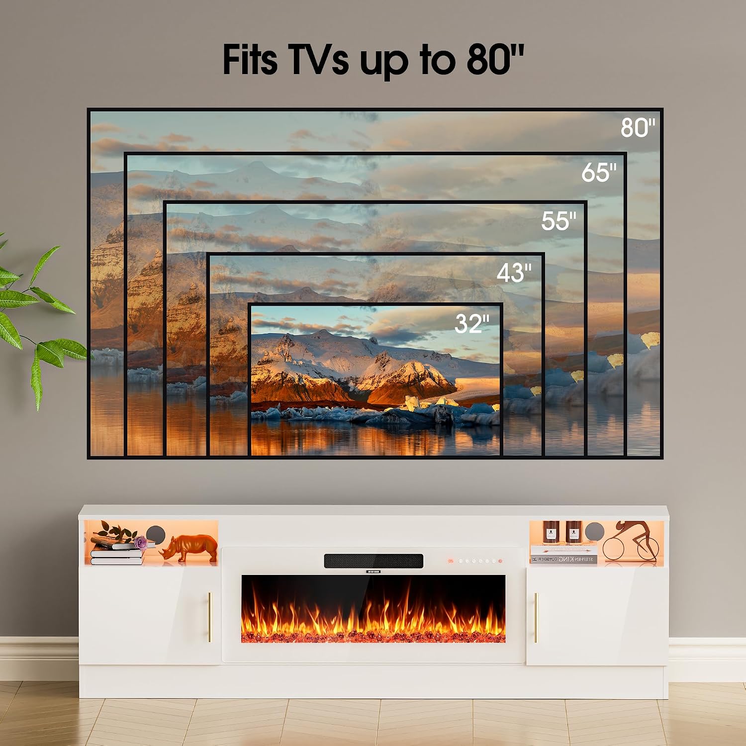 AHB Fireplace TV Stand 70", Fits TVs up to 80", LED Lights, Storage | 36" Electric Fireplace with Realistic Flame Multiple Color Modes Spacious Storage Cabinet with Handles White/White