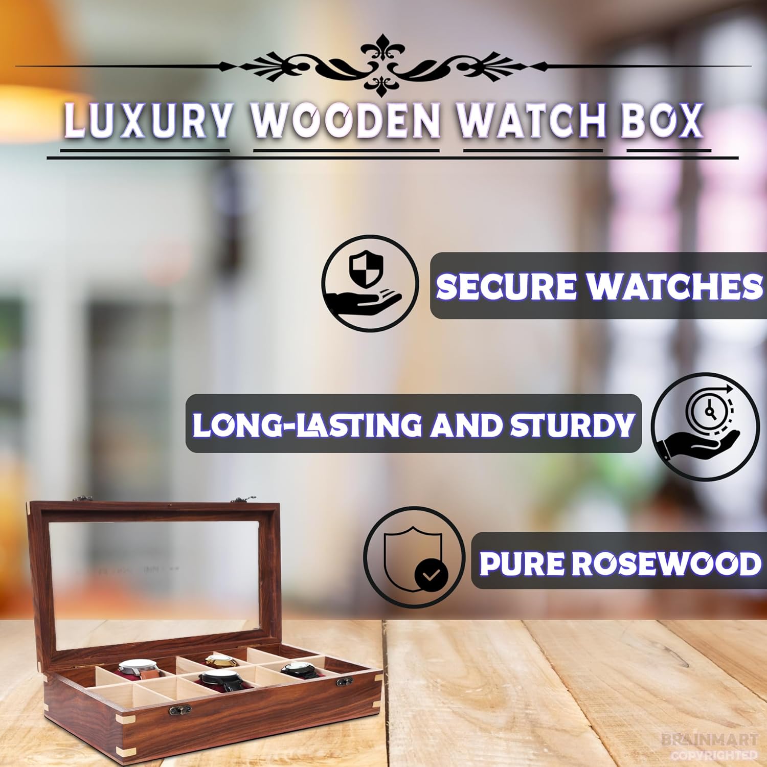 Wooden Watch Box for Men & Women, Watch Organizer & Display Case, Premium Long-Lasting Watch Holder for Storage, Elegant Gift for Watch Collectors (Glass Top, 12 Slots)