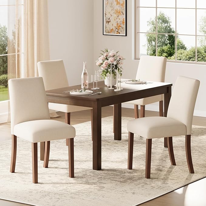 Dining Chairs Set of 4, Modern Dining Room Chairs with Wooden Legs, Upholstered Kitchen Farmhouse Parsons Chairs for Restaurant & Cafe- Beige
