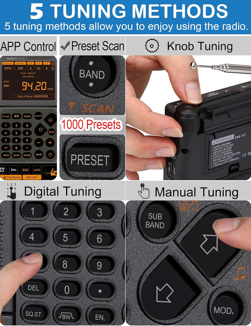 ZHIWHIS Shortwave Radio with APP Control and Antenna Port, AIR AM FM SW UHF V...