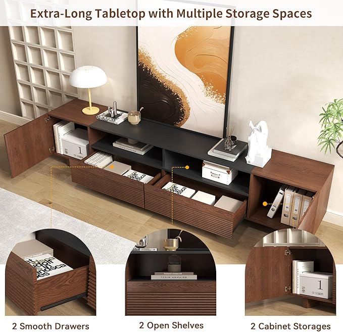 78.8 Inch TV Stand with Storage Cabinets for Living Room, TVs Media Console Entertainment Center with Drawers, Wood Fluted Television Stands with Open Shelves for Bedroom, Dark Brown Walnut