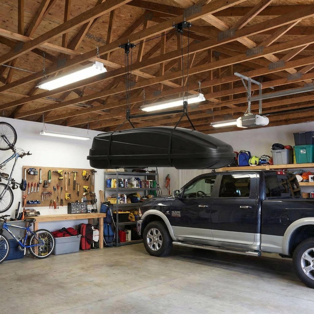 Cargo Box Garage Pulley System, Heavy Duty Ceiling Hoist for Rooftop Cargo Boxes & Large Storage Bins, 150 Lb Capacity, Fits 8–10 ft Garage Ceilings, Adjustable Straps & Dual Anchor Design