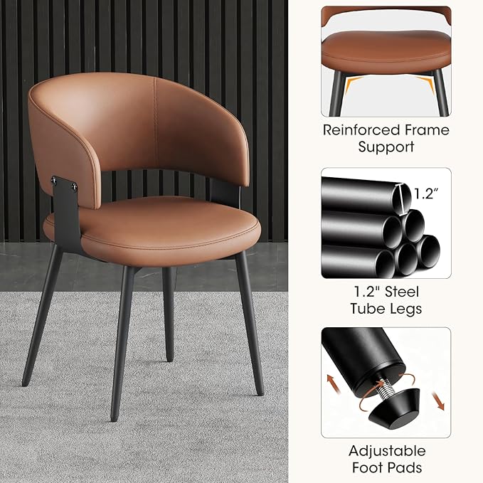 Modern Dining Chairs Set of 4, Faux Leather Upholstered Kitchen Chairs with Curved Back and Metal Legs, Mid Century Chairs for Dining Room, Breakfast Nook, or Café (Brown)