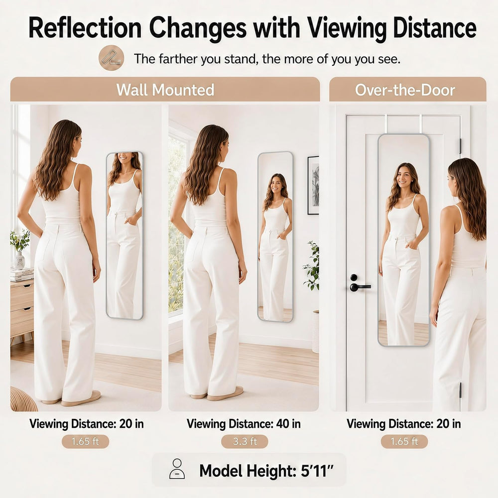 47x14" Full Length Mirror Over the Door Hang or Wall Mounted Silver