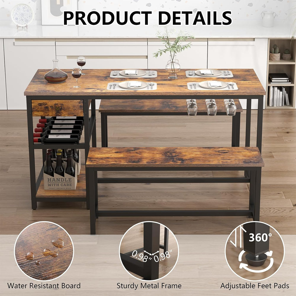 Dining Table Set for 4-6 People, 54.7" Kitchen Dinner Table with 2 Benches