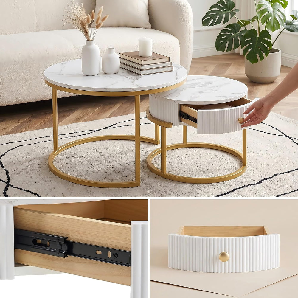 Round Nesting Coffee Table with Drawer for Small Living Room, Gold | 27.56&qu...