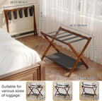 BAMBOOHOMIE Bamboo Luggage Rack for Guest Room, 26.77" Folding Wide Suitcase Stand with Fabric Storage Shelf, Thickened Luggage Stand Holder for Bedroom Hotel, Luggage Rack for Suitcases (1 Pack - Brown)