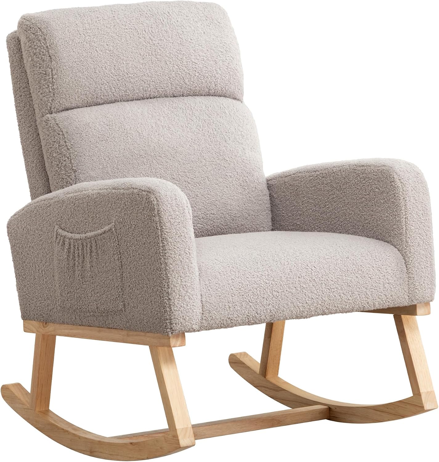 Rocking Chair Nursery, Rocker Nursing Chairs for Breastfeeding with Wood Legs and Side Pocket, Comfortable Glider Roking Chair for Nursery, Living Room, Bedroom,Teddy Light Grey
