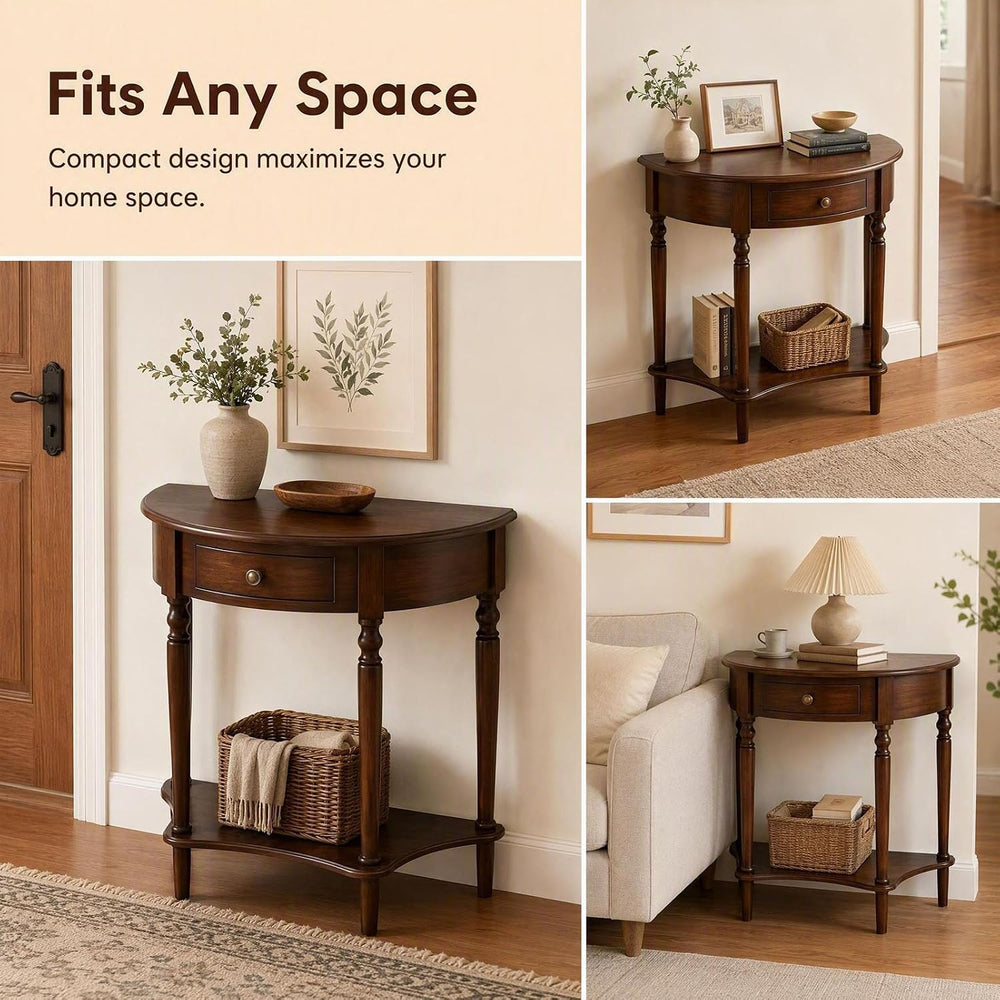 Half Moon Table, Table Solid Wood with Drawer Half-Moon Porch Side Elegant Vi...