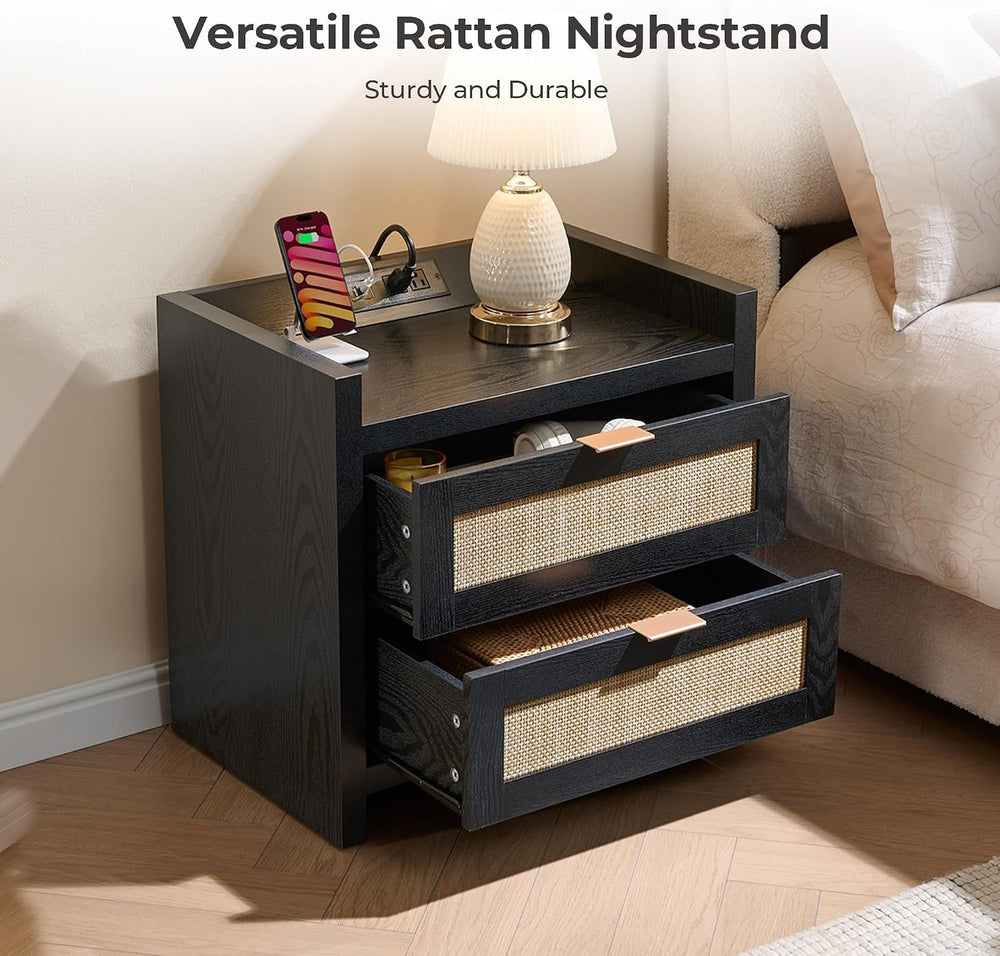 SICOTAS Rattan Nightstands Set of 2 : Bedside Table with 2 Large Drawers