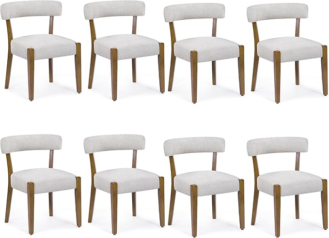 Modern Dining Chairs Set of 8, Walnut Upholstered Kitchen & Dining Room Chairs, Mid Century Modern Wooden Dining Chairs Oversized Sturdy Rounded Chairs Curved Back, Beige Fabric
