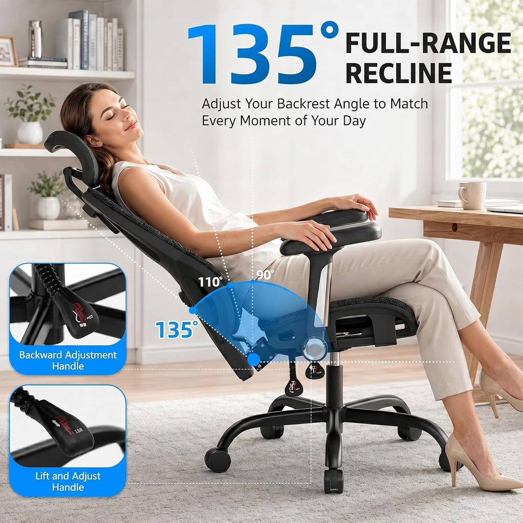 Ergonomic Office Chair, Breathable Mesh Back and Seat, High Back Desk Chair with Adjustable Lumbar Support, 5D Armrests, 135° Reclining Backrest, 2D Headrest, Home Office Computer Chair