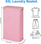 efluky Slim Laundry Basket with Lid, Narrow Laundry Hamper with Removable Bag, Skinny Dirty Clothes Basket with Bamboo Handles for Bathroom, Bedroom & Laundry Room, 63L Pink