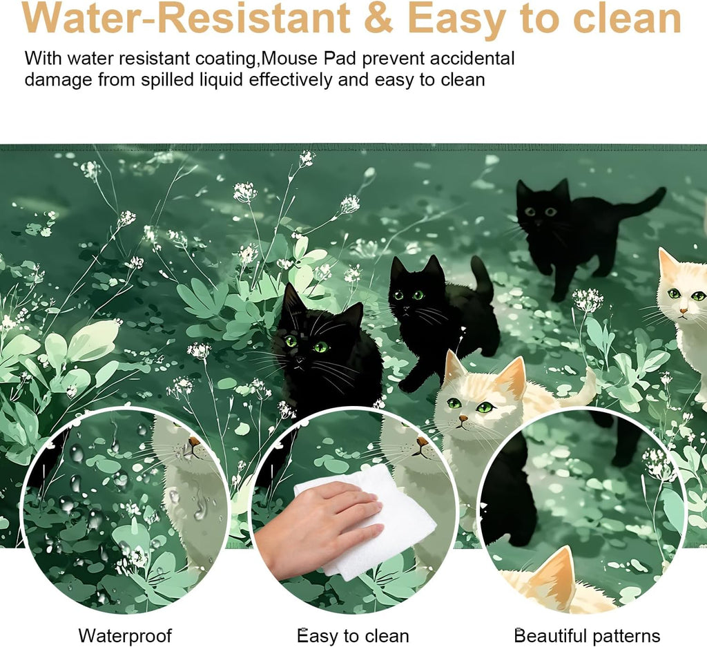 Large Mouse Pad, Cute Cat Gaming Mouse Pad Desk Mat, Non-Slip Base Extended Keyboard Mat, Thick 3mm Smooth Surface Mousepad for Office & Home, 35.5 x 15.8 Inch